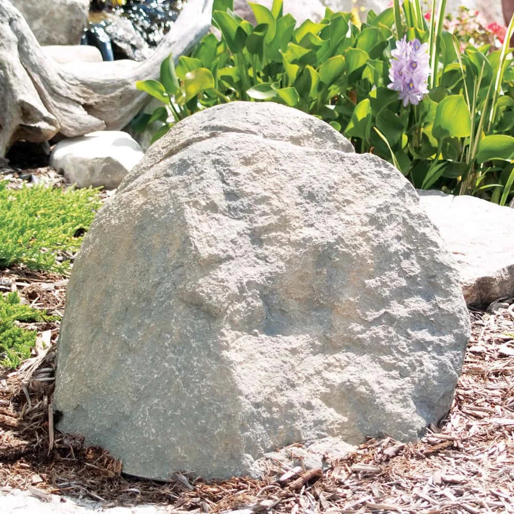 Airmax Truerock Medium Boulder Rock in Greystone, decorative feature with natural stone appearance, measuring 27x21x14 inches.