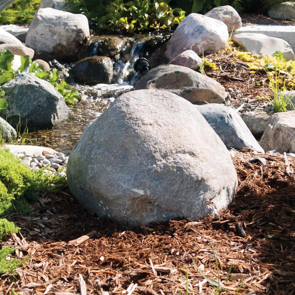 Airmax Truerock Small Boulder Rock with vent holes in greystone, decorative feature measuring 17.5x15.5x10.5 inches.
