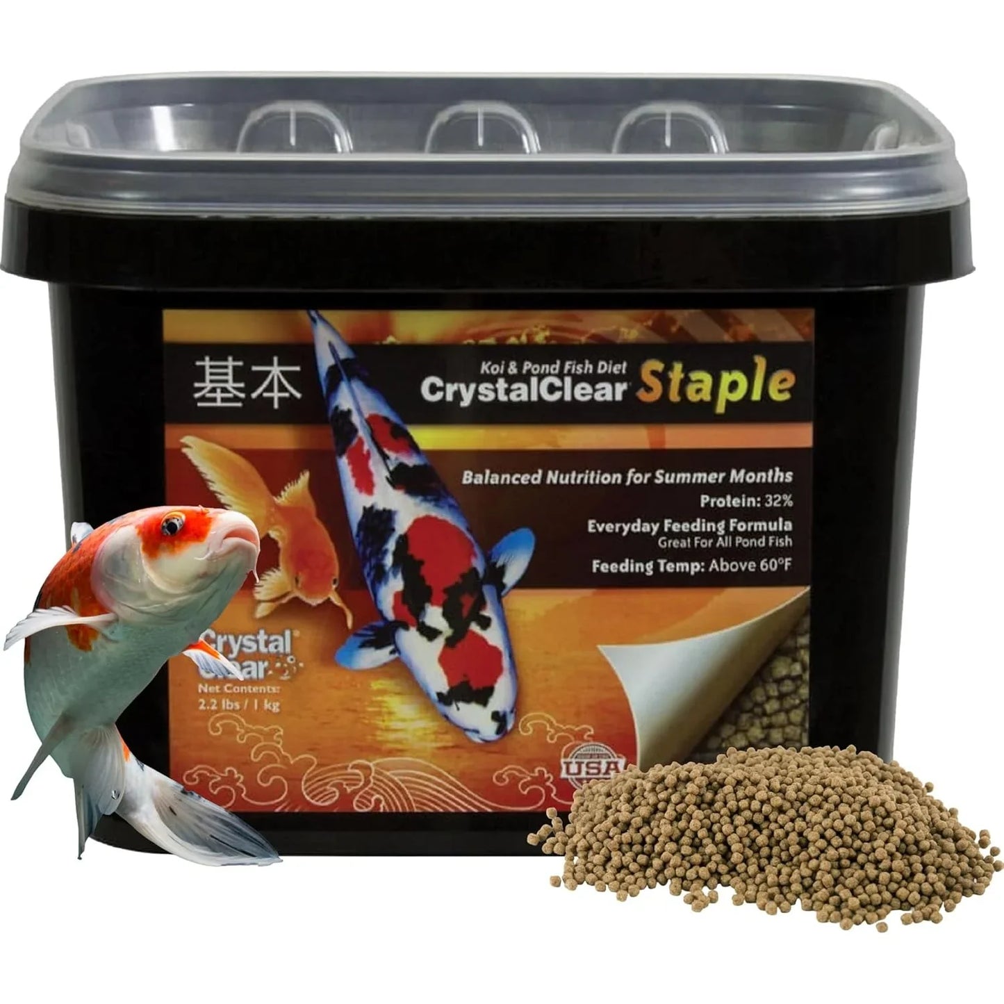 Airmax Crystalclear Staple Koi Food in an 8.8lb bucket, standard pellet fish food for koi and pond fish.