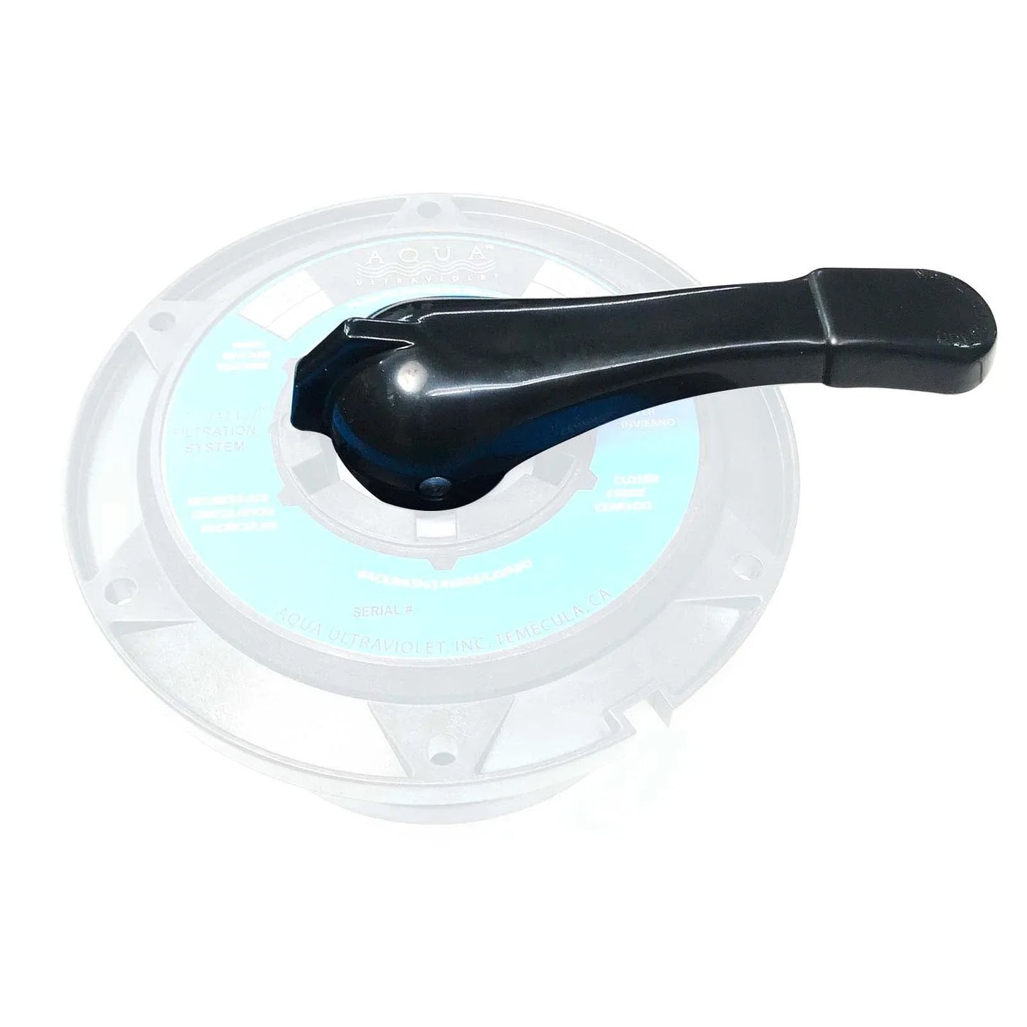 Aqua UV Ultima II handle replacement part for 1-1/2 inch valves, shown in black with handle and valve connection details.
