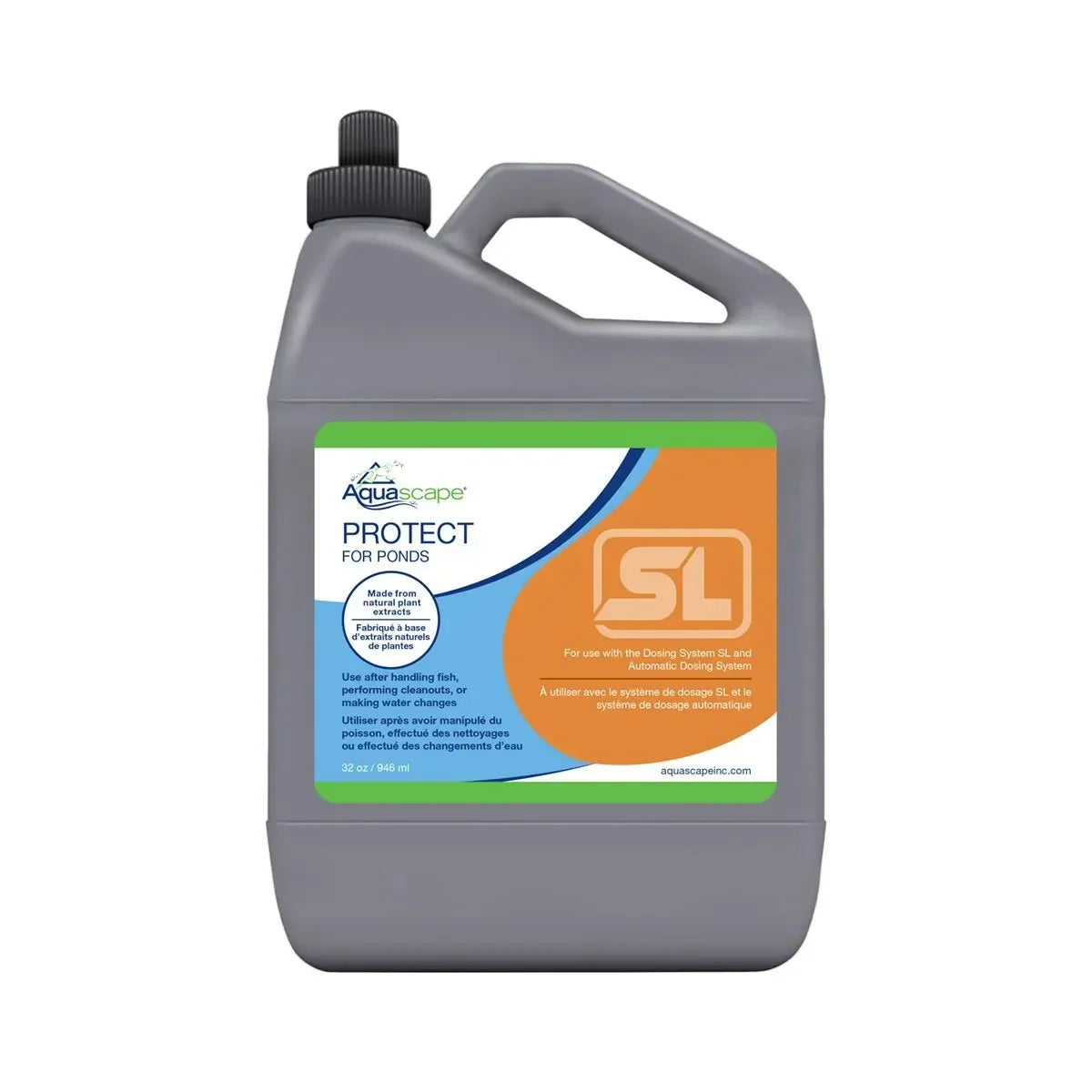 Aquascape Protect for Ponds SL water treatment bottle, 32 oz, designed to improve pond water quality and clarity.