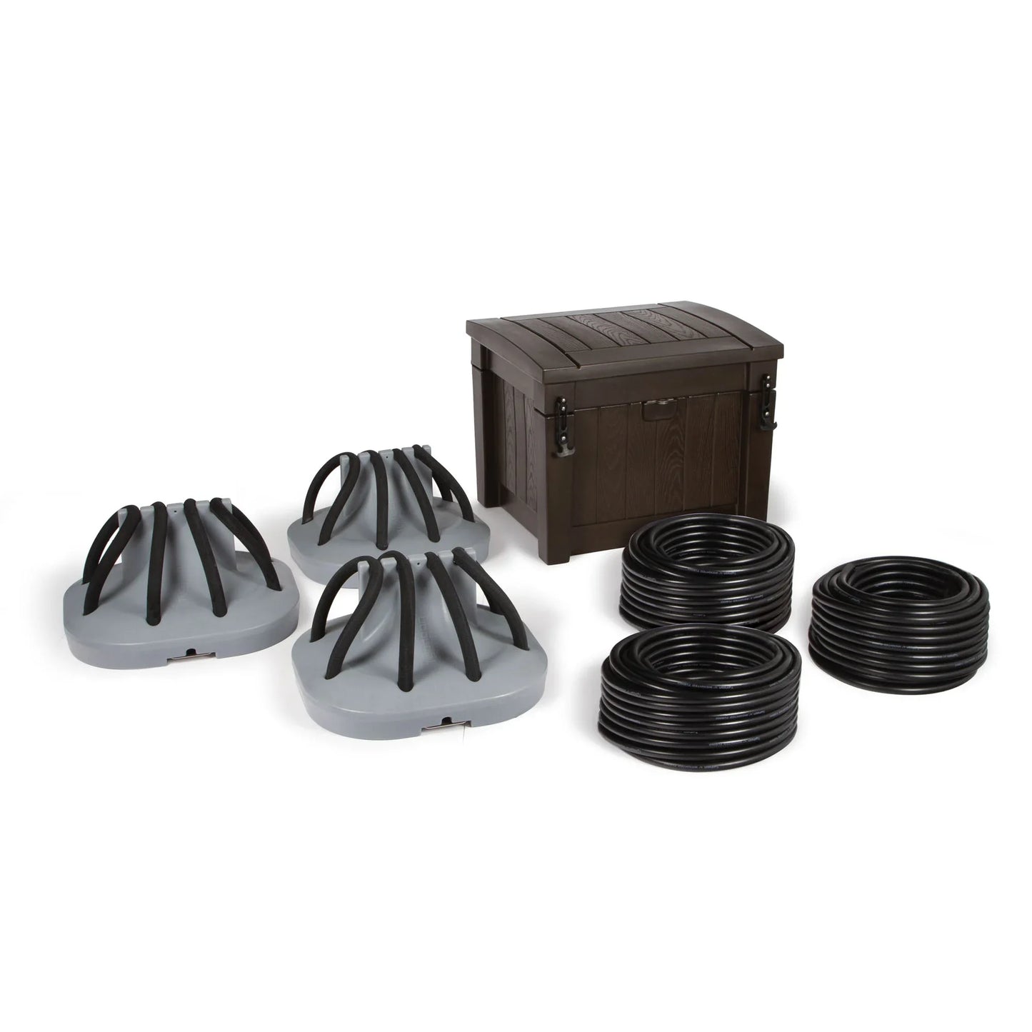 Atlantic Water Gardens pond aeration system with three diffusers and gas-powered compressor for improved pond oxygenation and circulation
