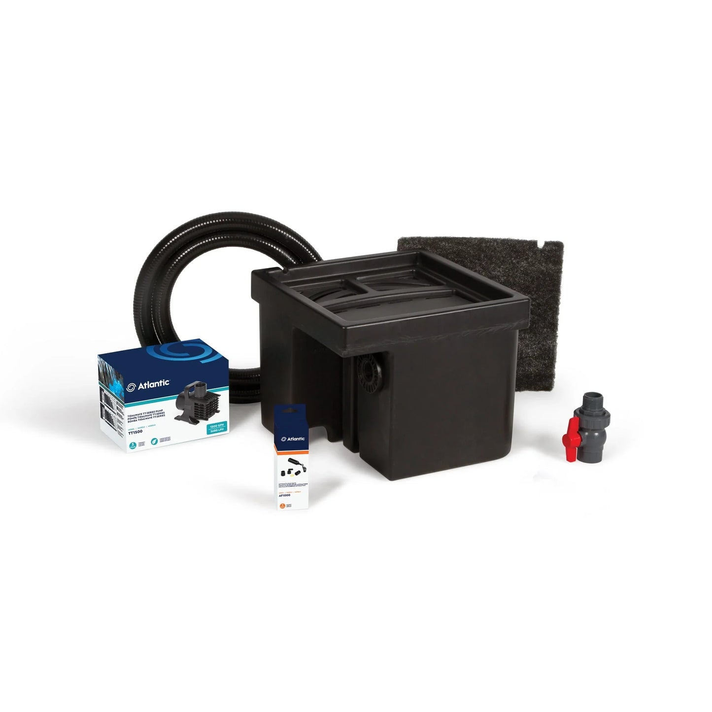 Atlantic Water Gardens decorative basin and pump kit with 12-inch spillway for water features, shown with pump and basin components.