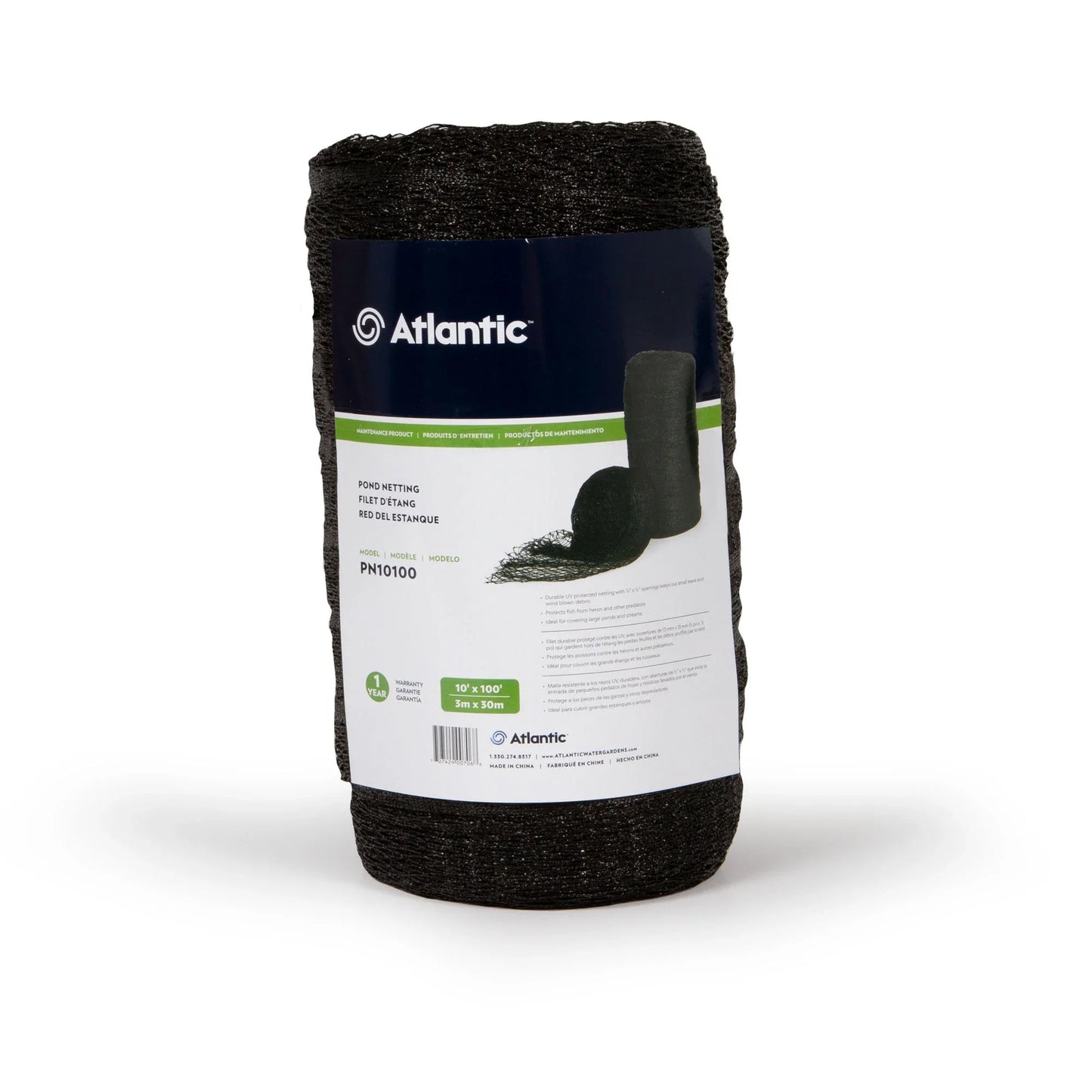 Atlantic Water Gardens 10' x 100' Ultra Pond Net roll for pond maintenance and fish protection in outdoor water features.