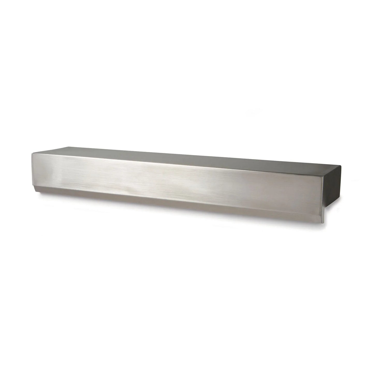 Atlantic Water Gardens 24-inch stainless steel water wall spillway showing sleek, modern spillway design with water flowing over the edge.