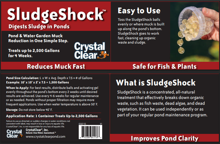 CrystalClear SludgeShock water treatment product reducing sludge and muck in pools with a clear bottle and label.