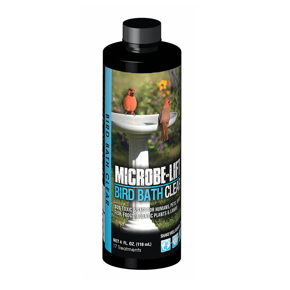 Microbe-Lift Birdbath Clear water treatment in a 4 oz. bottle, used for maintaining clean, clear birdbath water.