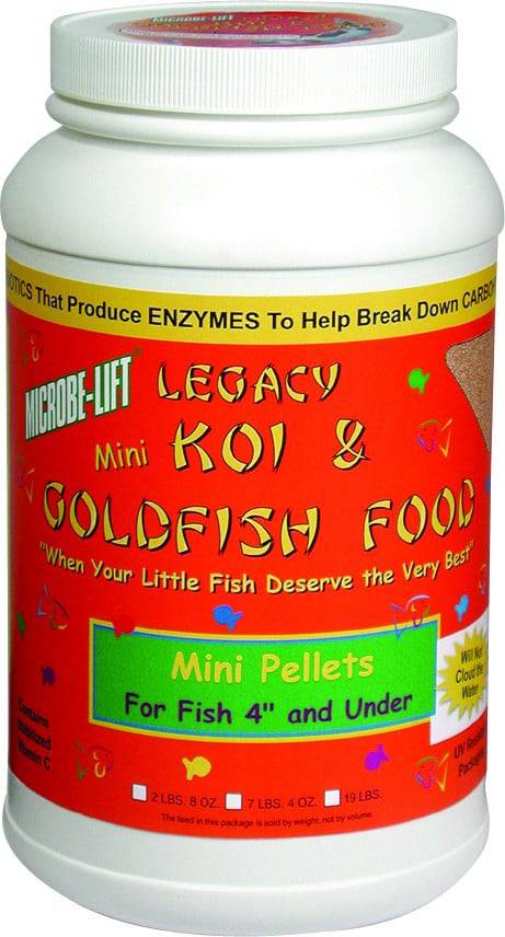 Microbe-Lift Legacy Mini Pellets koi and goldfish food in a 6 lb bag, showing small floating fish food pellets for pond fish.