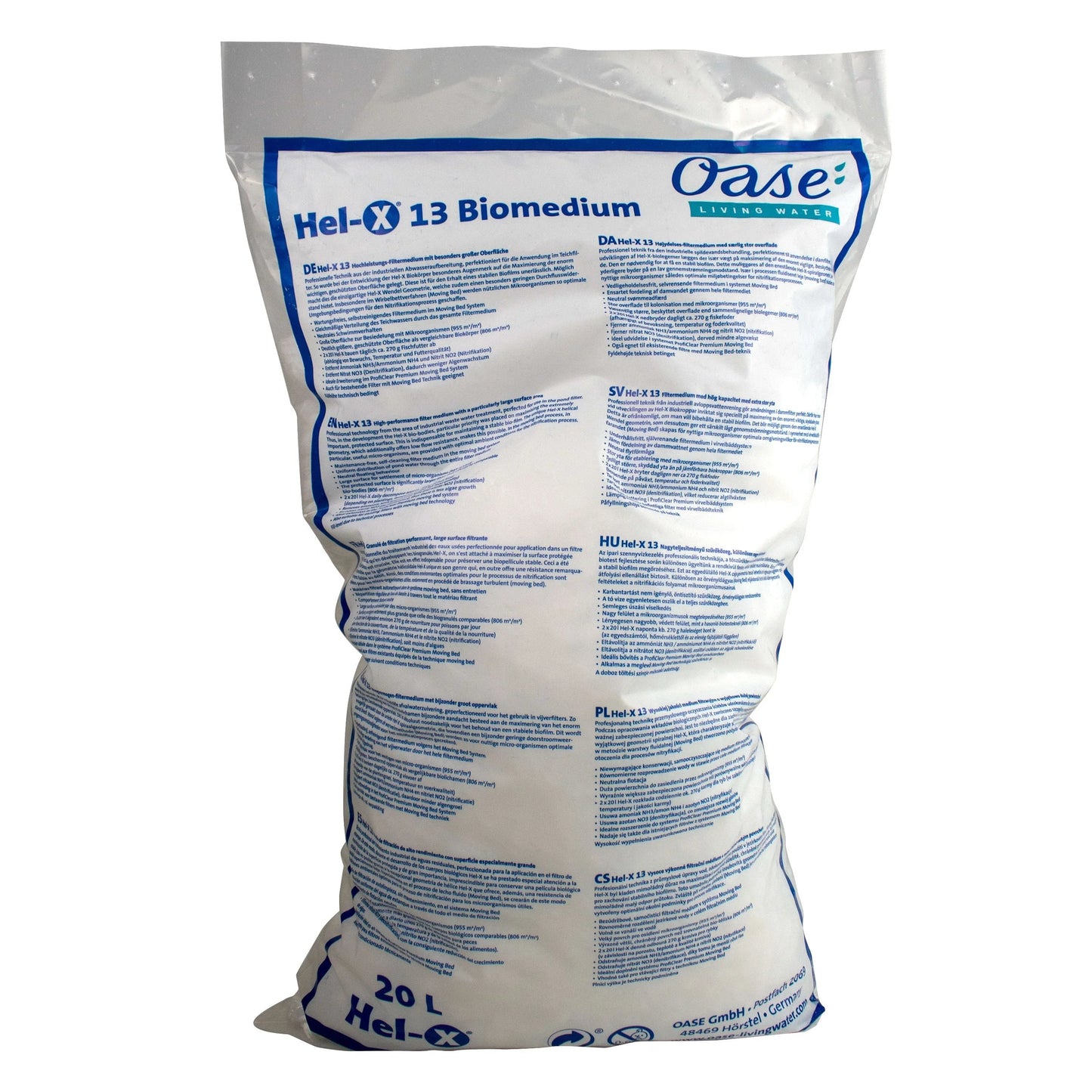 Oase Pack Hel-x 13mm filter media in a 20-liter bag, used for aquatic filtration systems.