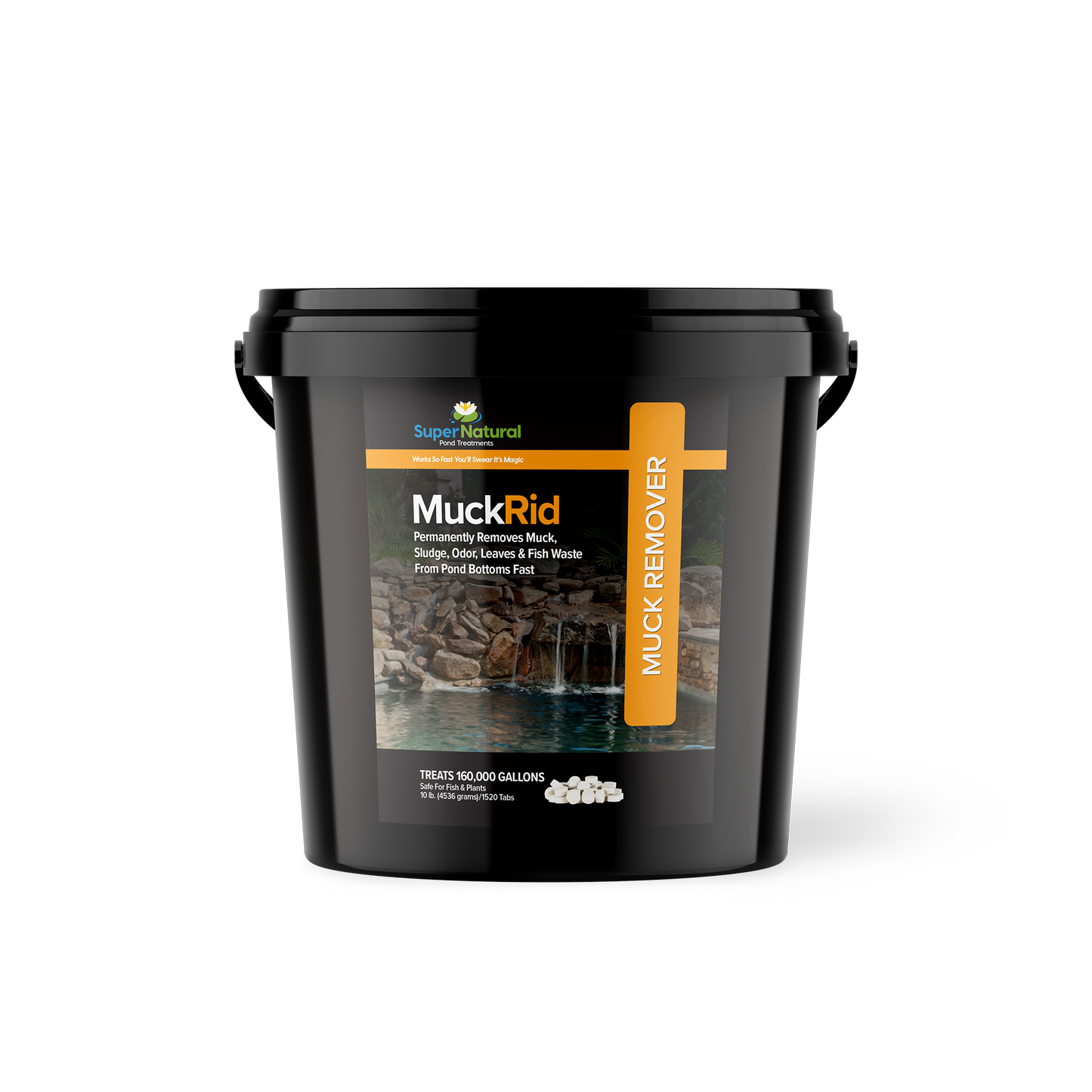 SuperNatural MuckRid water treatment in 8 lb container with 1200 tabs, designed for pond and lake muck removal.