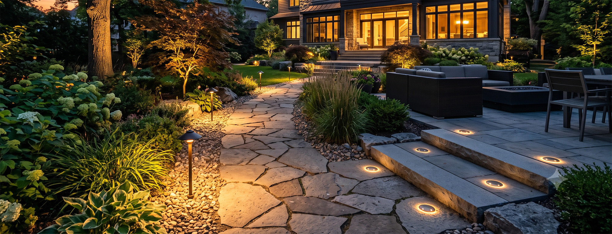 Backyard Oasis at Dusk showing various Landscape Lights