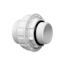 Threaded union fitting 1-1/2" MPT to 2" slip for pool plumbing, shown in a close-up image of the fitting.