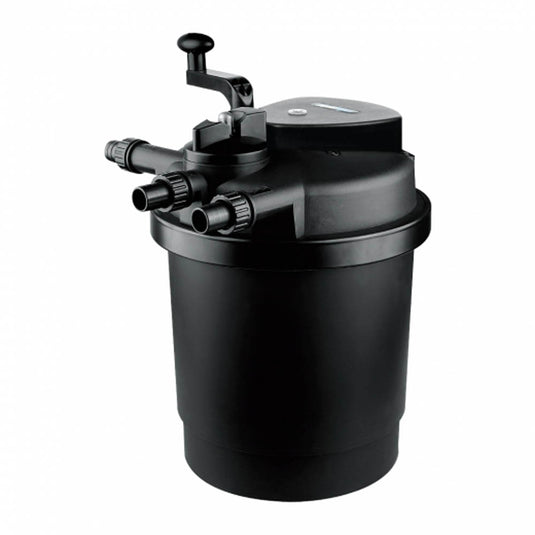 PondMax PF750 Pressure Filter with UVC for ponds, external design, black plastic body, with inlet and outlet pipes visible.