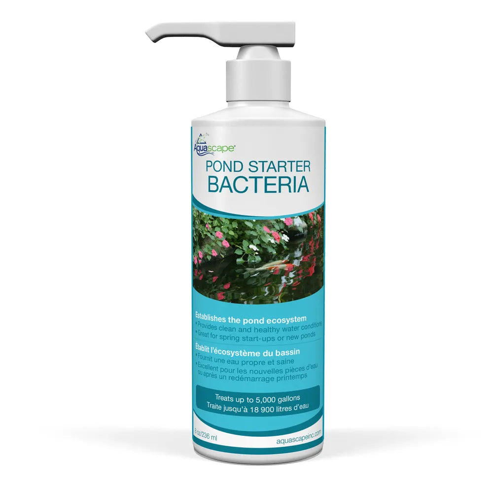 Aquascape Pond Starter Bacteria 8oz size bottle with pump on a white background