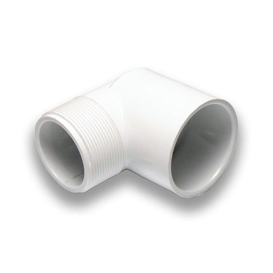 Dura 90 degree street elbow PVC fitting, SCH 40, MPT to slip connection, used in plumbing and irrigation systems.