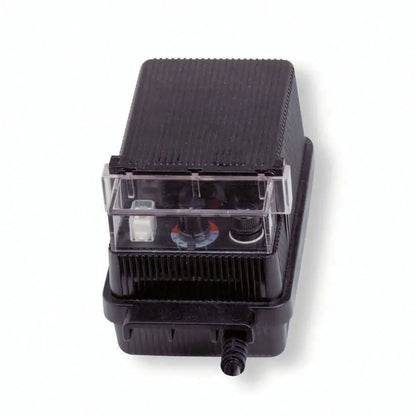 Kichler Economy Transformer in black finish, compact electrical transformer for landscape lighting, with wiring connections visible.