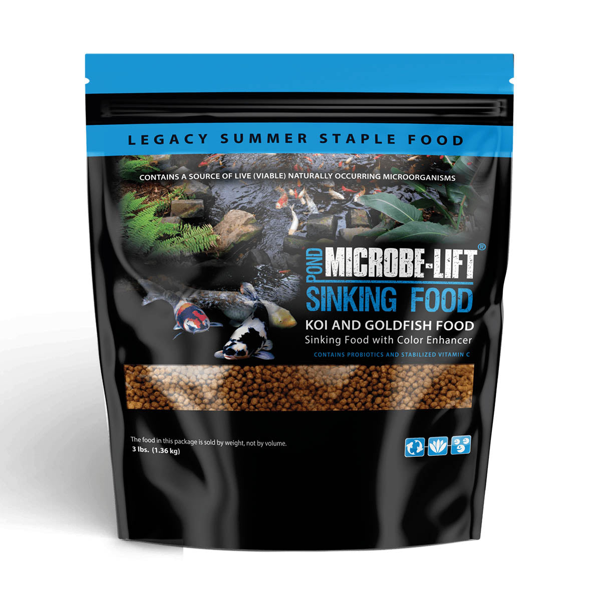 Microbe-Lift sinking fish food pellets in medium size, designed for aquatic pets, with a clear view of the pellets in a container.