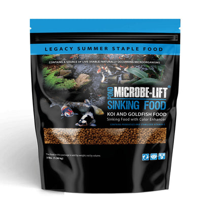 Microbe-Lift sinking fish food pellets in medium size, designed for aquatic pets, with a clear view of the pellets in a container.