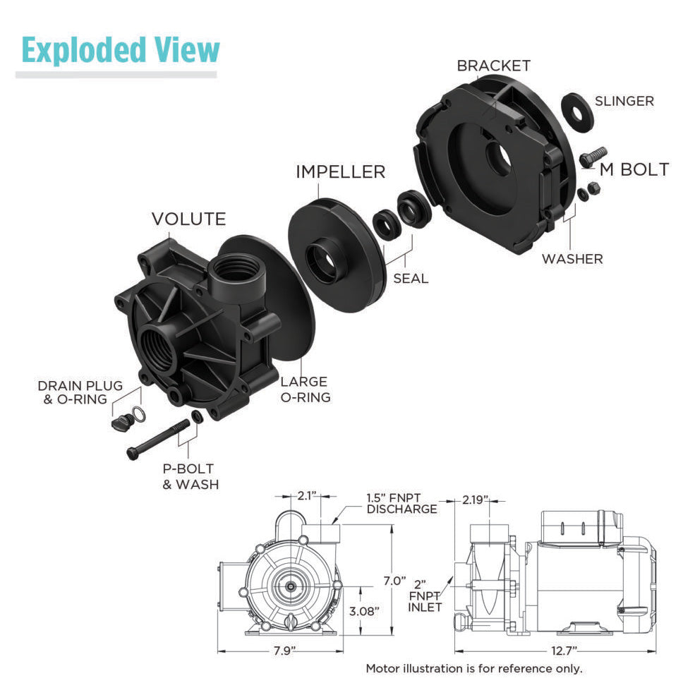 Exploded view of Teton Dynamics Ecostream Series XT-3500 inline pump showing internal components and assembly details.