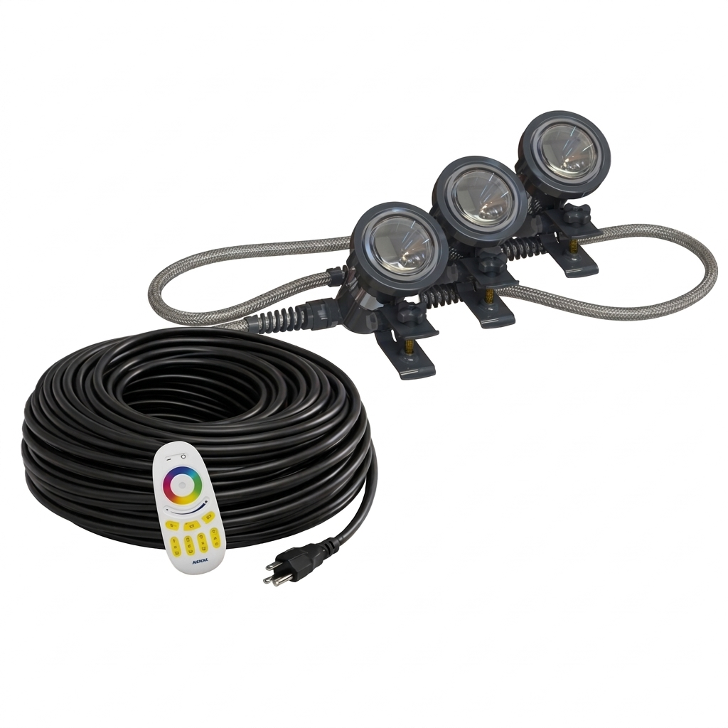 Airmax Ecosystems Oase Pondjet RGBW LED floating fountain light set with three color-changing lights on a water surface.