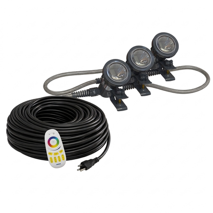 Airmax Ecosystems Oase Pondjet RGBW LED floating fountain light set with three color-changing lights on a water surface.