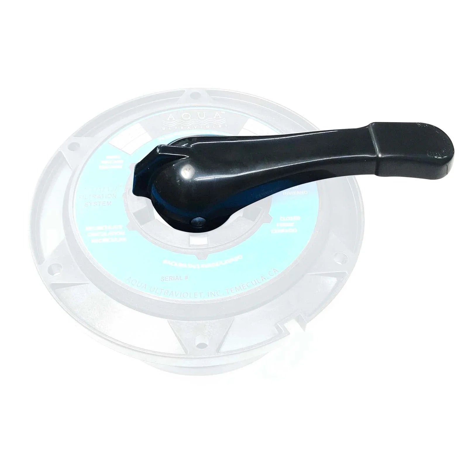 Aqua UV Ultima II handle replacement part for 1-1/2 inch valves, shown in black with handle and valve connection details.