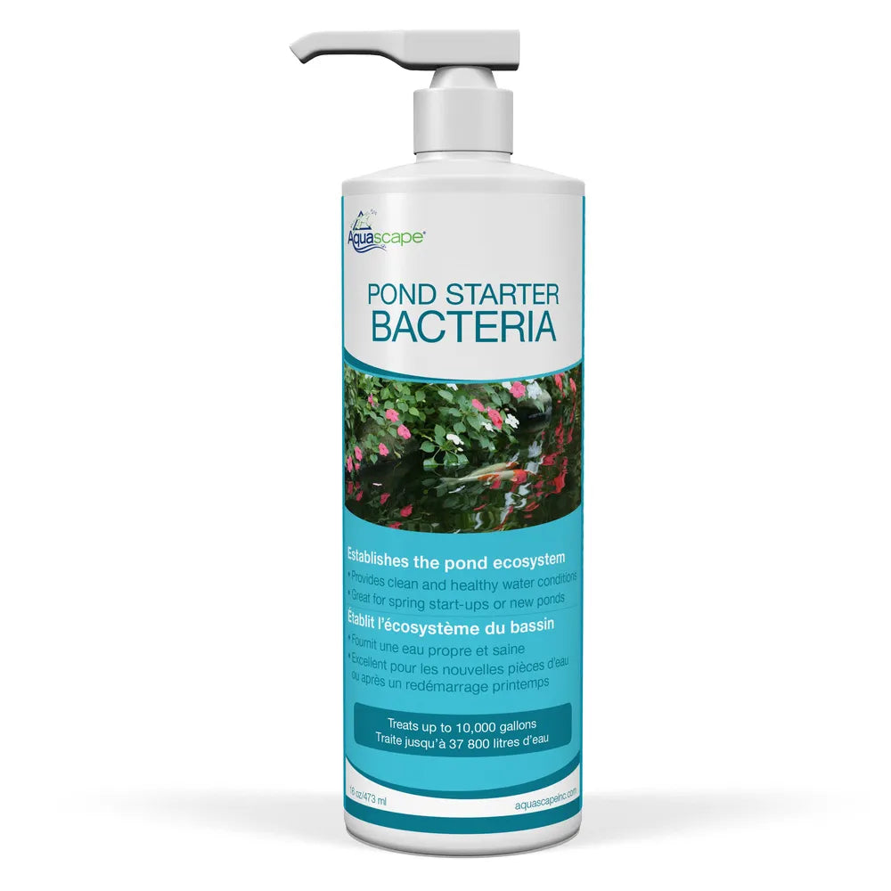 Aquascape Pond Starter Bacteria in 16oz (473ml) bottle, liquid beneficial bacteria for pond water health and clarity.
