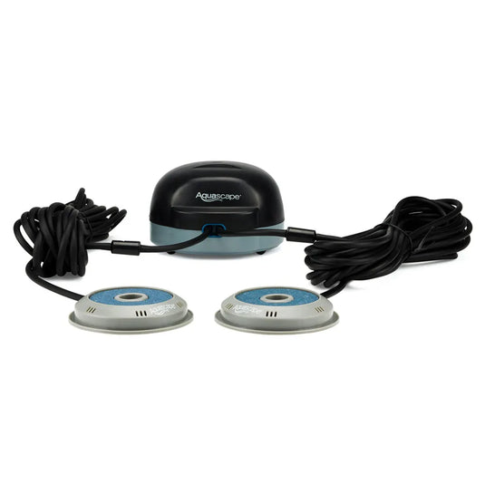 Aquascape Pond Air 2 Air Pump for aeration in ponds, compact device with hoses and controls visible in the image.