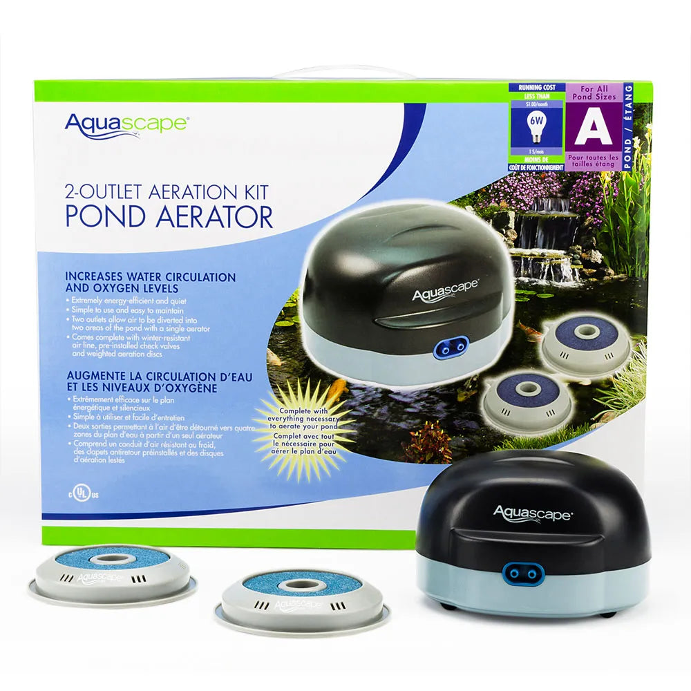 Aquascape Pond Air 2 aeration pump providing aeration for pond with visible air stones and tubing in a natural pond setting.