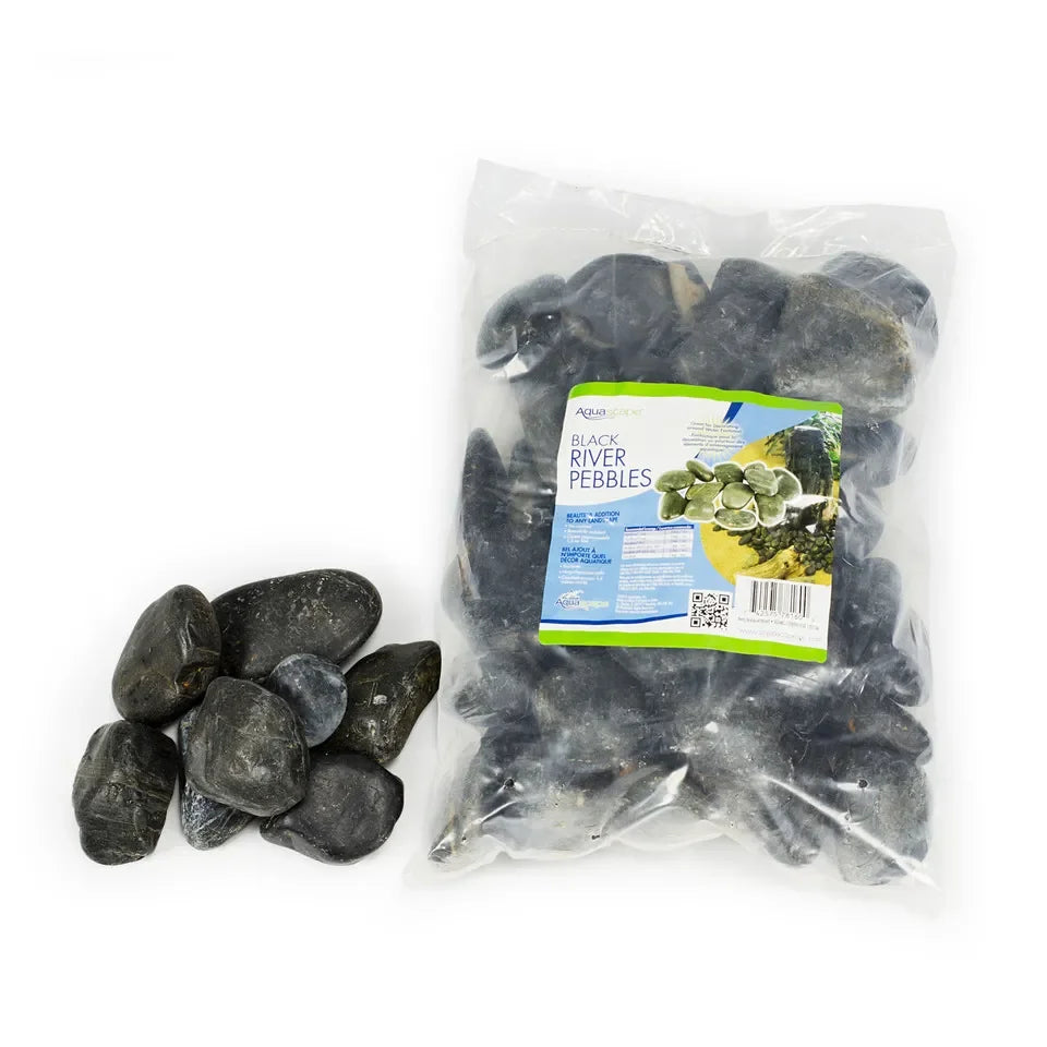 Black Aquascape Decorative River Pebbles in a 22lb bag, showcasing smooth, natural-looking stones for aquariums and landscaping.