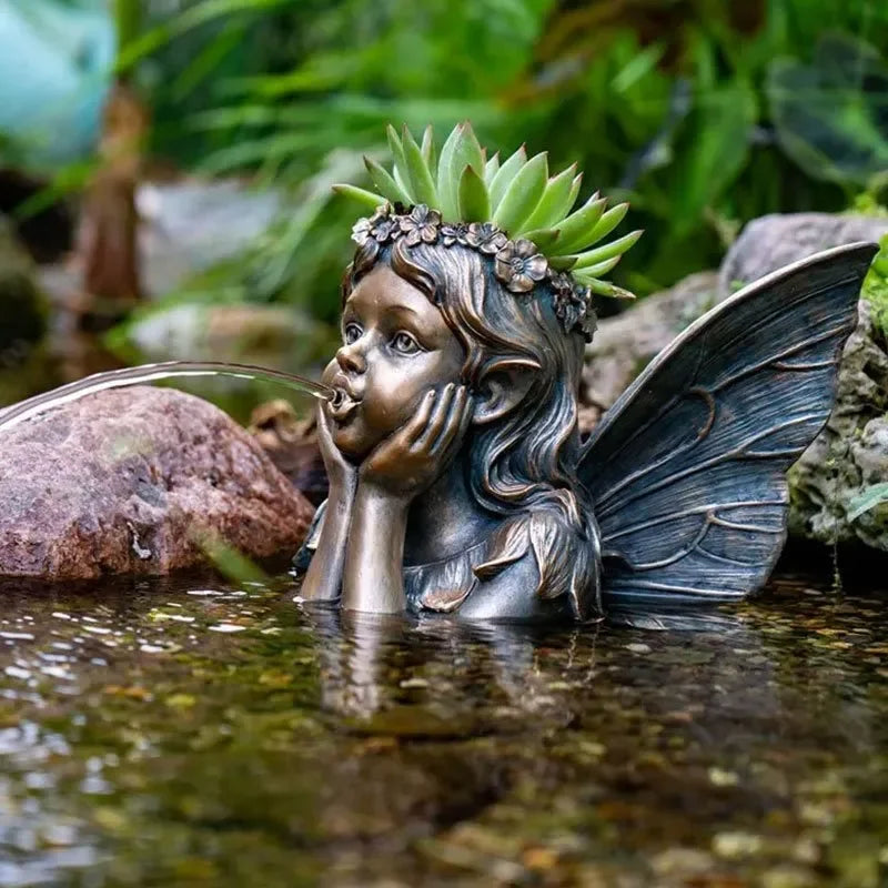 Aquascape Fairy Planter Spitter decorative feature with fairy figurine and water spout, perfect for garden pond or water feature.