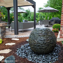Aquascape stacked slate sphere decorative feature, 72-inch diameter, natural textured slate ball for garden or pond decor.
