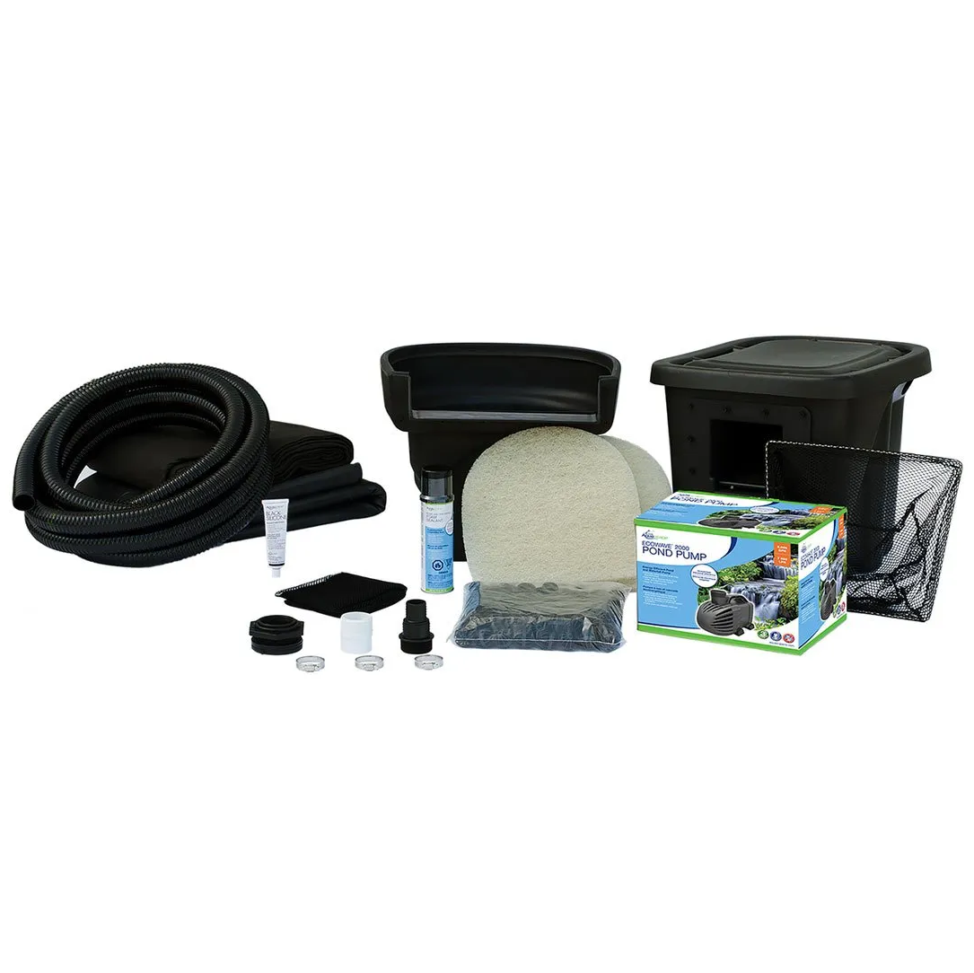 Aquascape MicroPond Kit for 1,000-gallon ponds, 8' x 11' size, includes pond liner, pump, and accessories for pond installation.