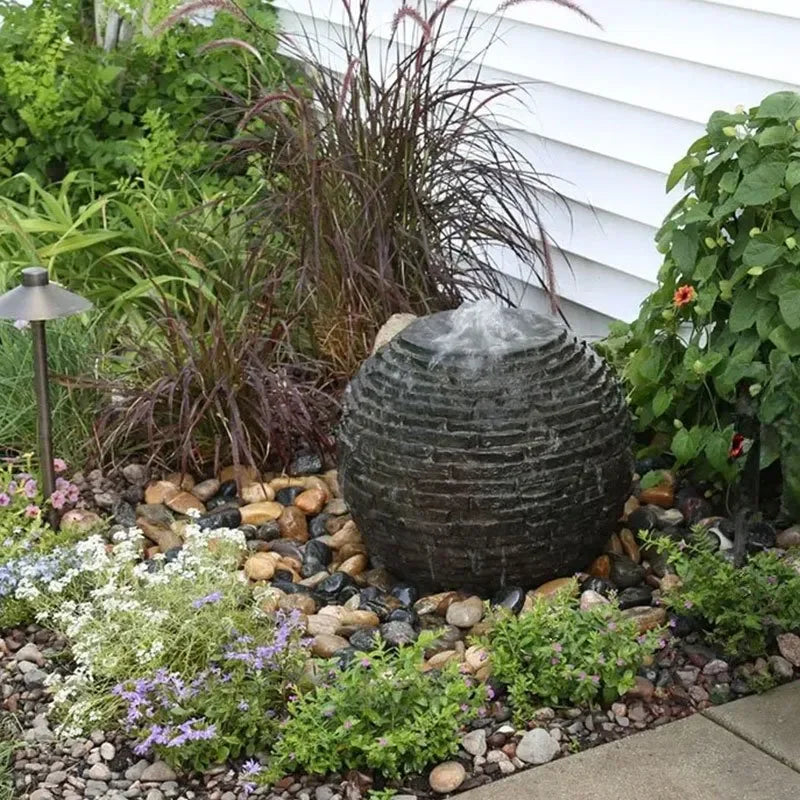 Aquascape Extra Small Stacked Slate Sphere 18-inch fountain kit for pond decoration, featuring a natural slate design and pond kit components.