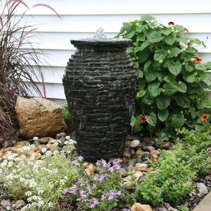 Aquascape Extra Small Stacked Slate Urn 24-inch Fountain Kit for pond water feature with slate design and fountain components.