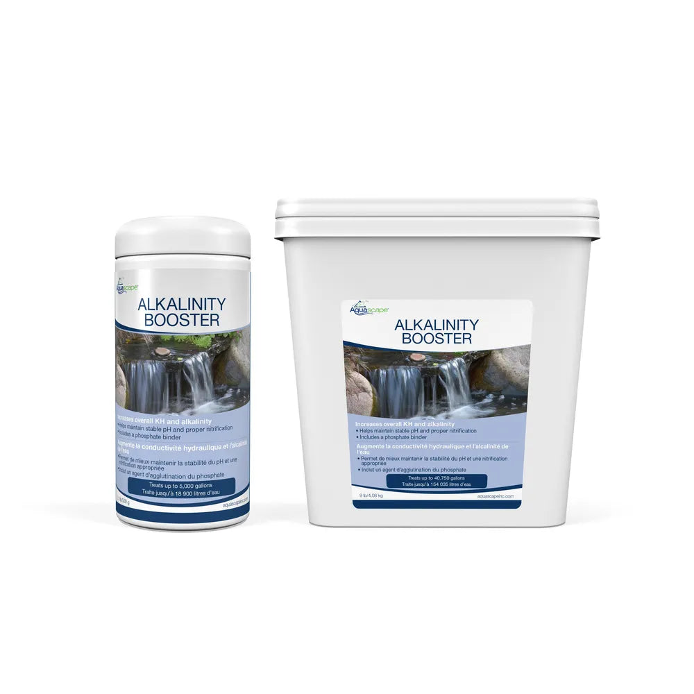 Aquascape water treatment alkalinity booster with phosphate binder, 1.1 lb and 9 lb containers, for aquarium water balance and clarity.