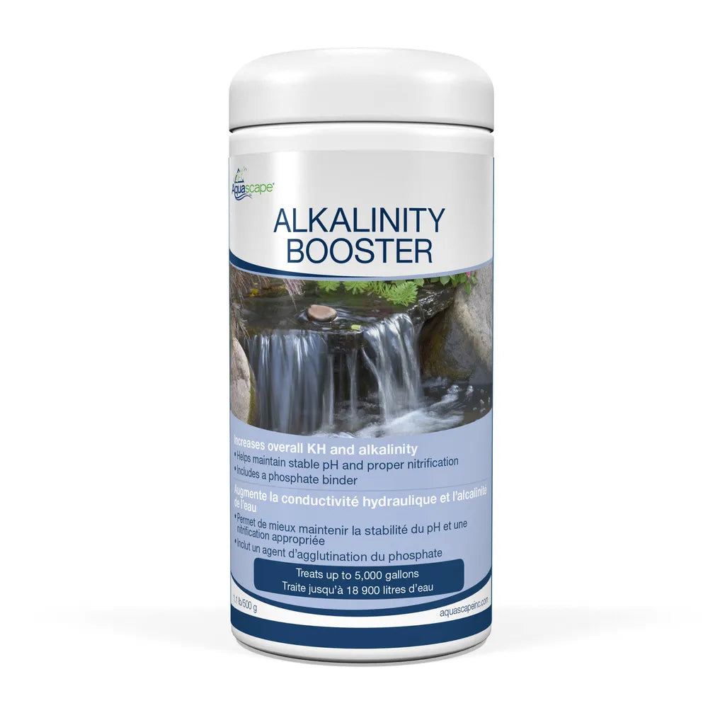 Aquascape Alkalinity Booster with Phosphate Binder water treatment in 1.1 lb and 9 lb packages, showing the product packaging.