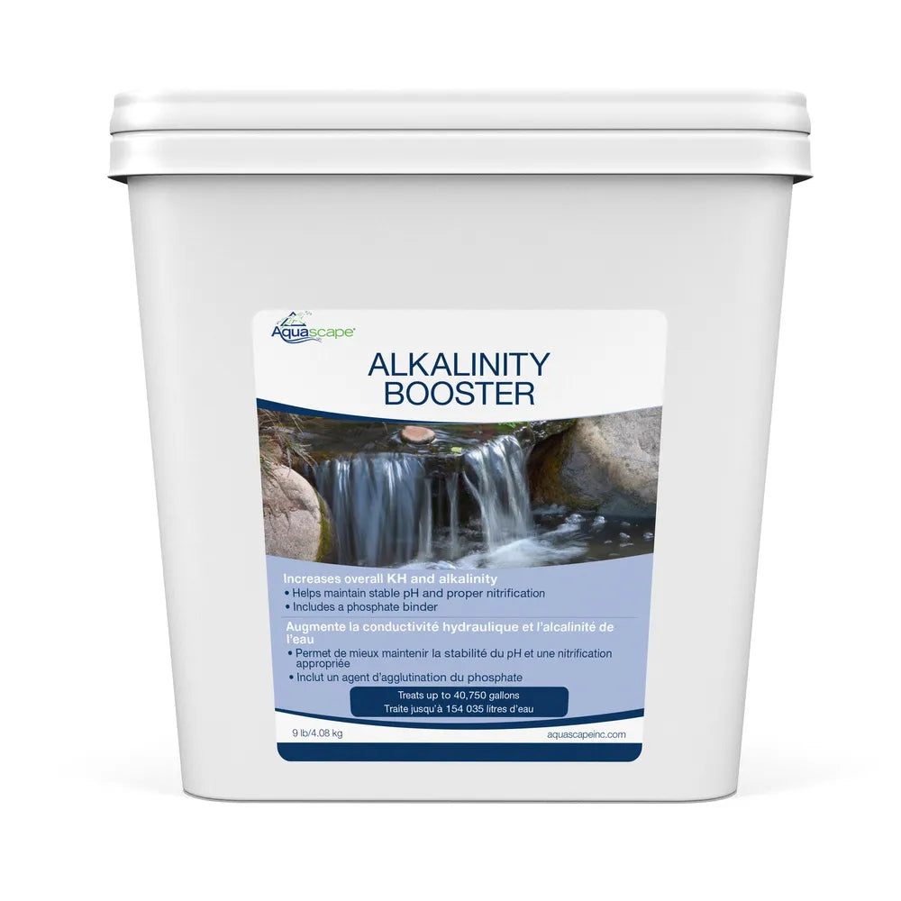 Aquascape water treatment alkalinity booster with phosphate binder, 1.1 lb and 9 lb sizes, for aquatic tank water maintenance.