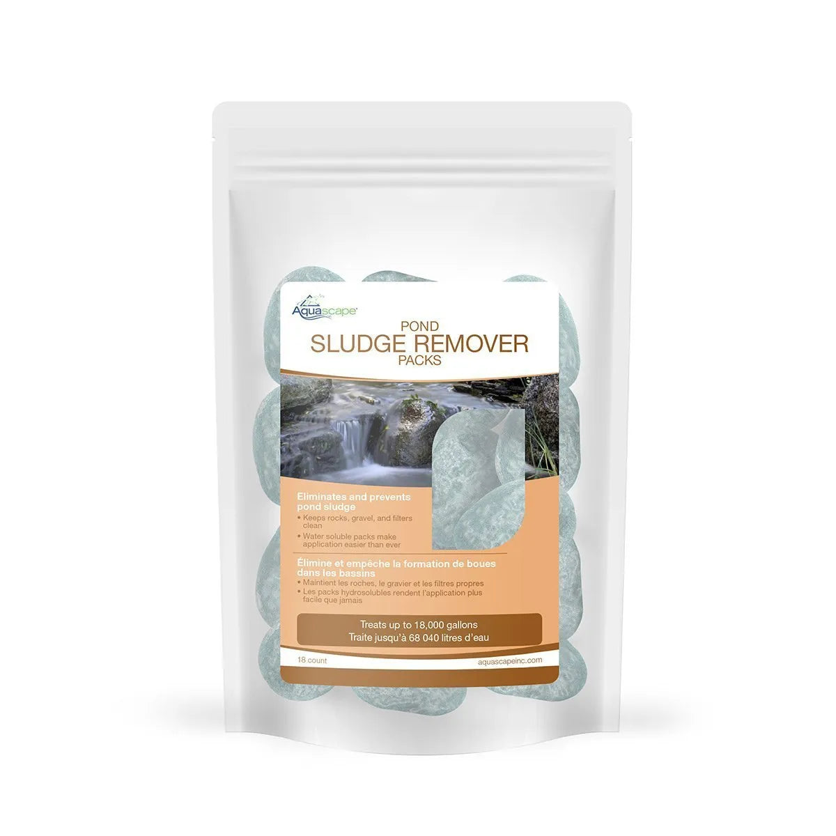 Aquascape Pond Sludge Remover Packs, 18-pack water treatment for pond cleaning and sludge removal in outdoor ponds.