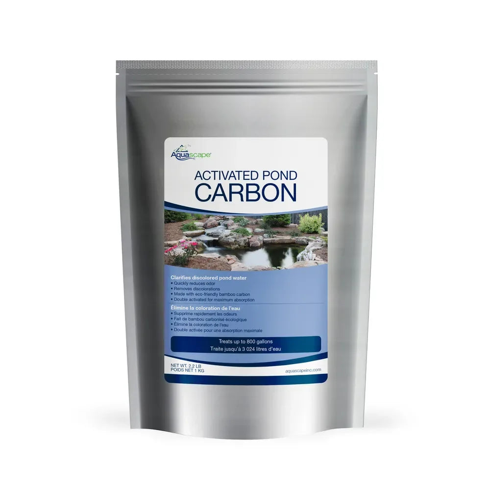 Aquascape activated pond carbon water treatment in a 2.2 lb (1kg) bag, used for improving pond water clarity and quality.