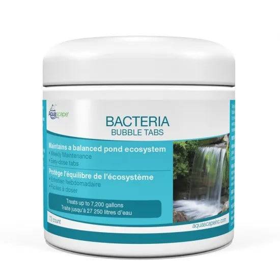 Aquascape Bacteria Bubble Tabs for water treatment, showing 36 tabs in a container, used for aquarium bacteria balance.