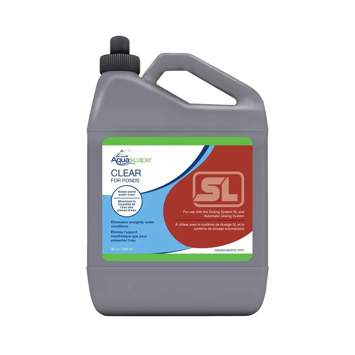 Aquascape Clear for Ponds water treatment bottle, 32 oz, used to clarify pond water and improve pond health and clarity.