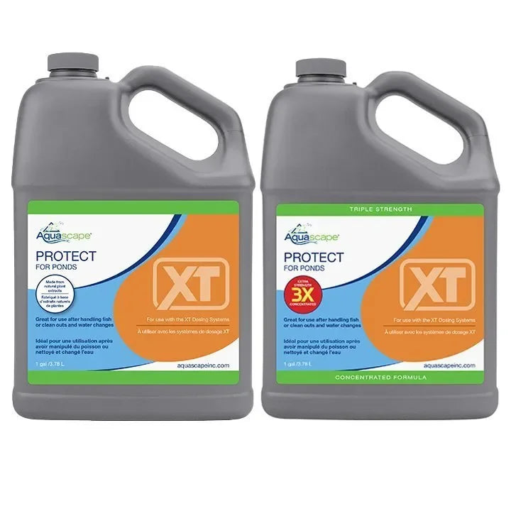 Aquascape Protect for Ponds XT water treatment in a 1-gallon container, used for pond water quality and algae control.