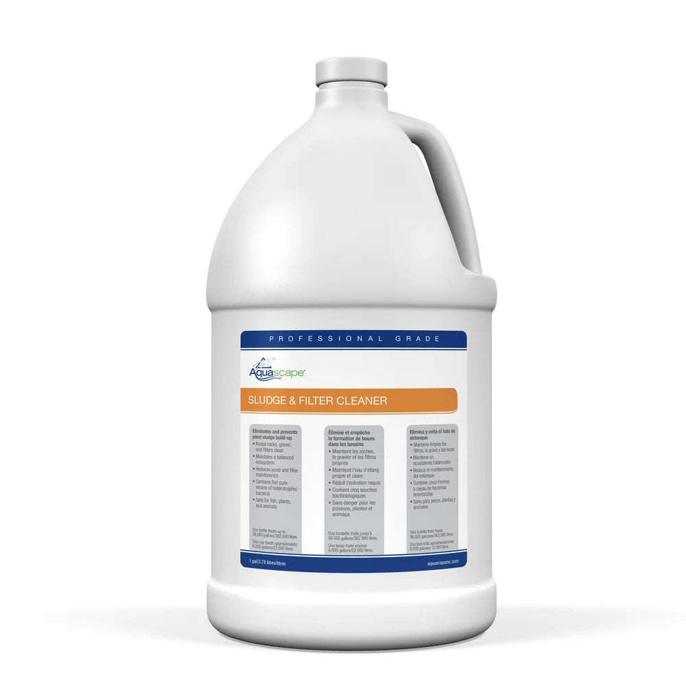 Aquascape professional-grade sludge and filter cleaner for water treatment, 1-gallon (3.78 L) container for pond maintenance.