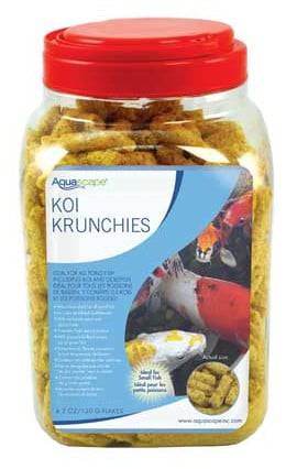 Aquascape Koi Crunchies fish food in 400g package, showing colorful koi fish swimming near the floating pellets.