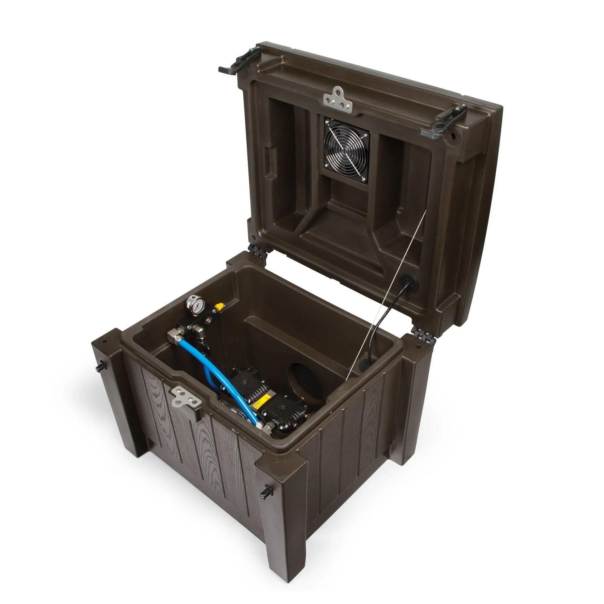 Atlantic Water Gardens lake aeration cabinet system with one outlet and Gast compressor for efficient water aeration.