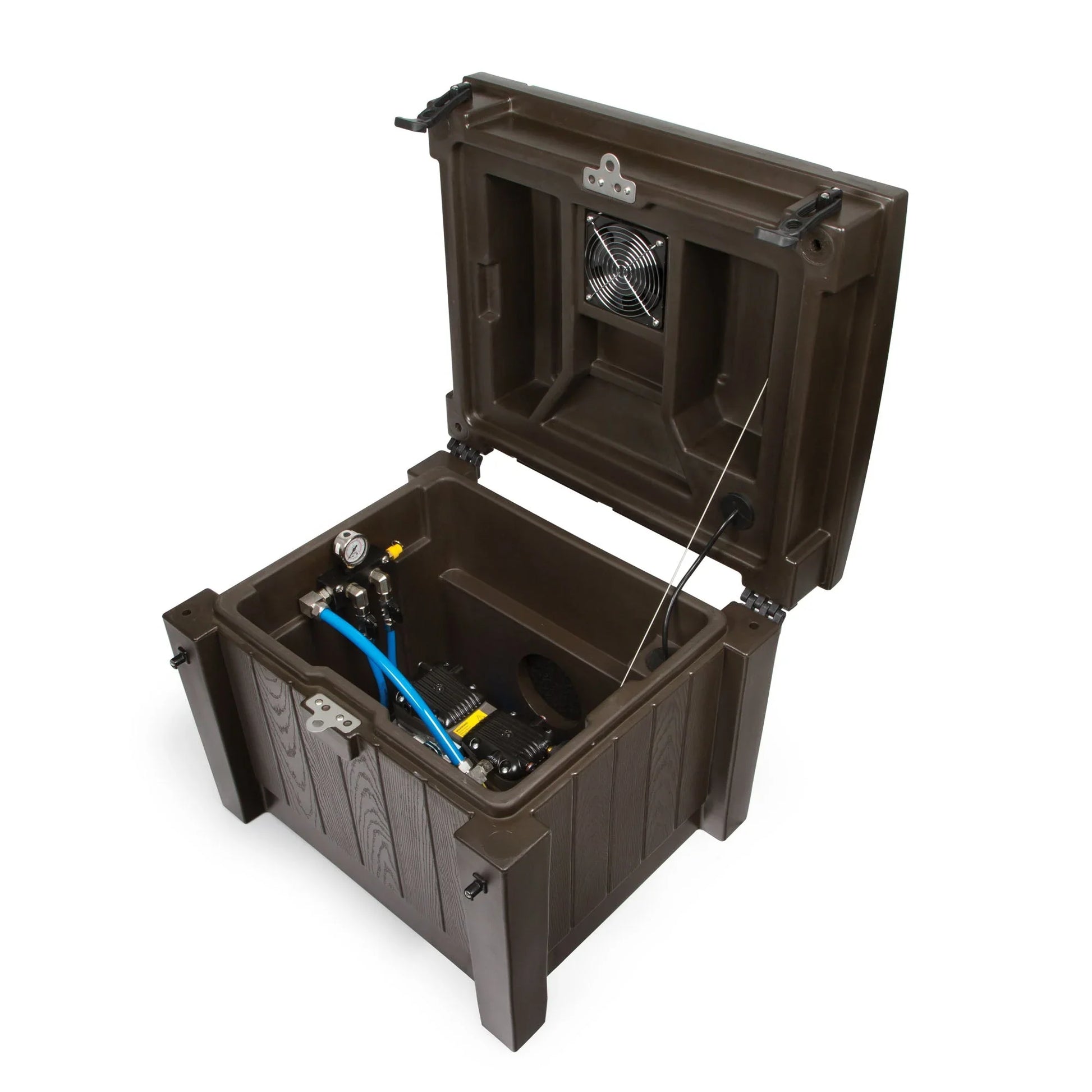 Atlantic Water Gardens aeration cabinet system for lakes with two outlets and GAST compressor, designed for efficient water oxygenation.