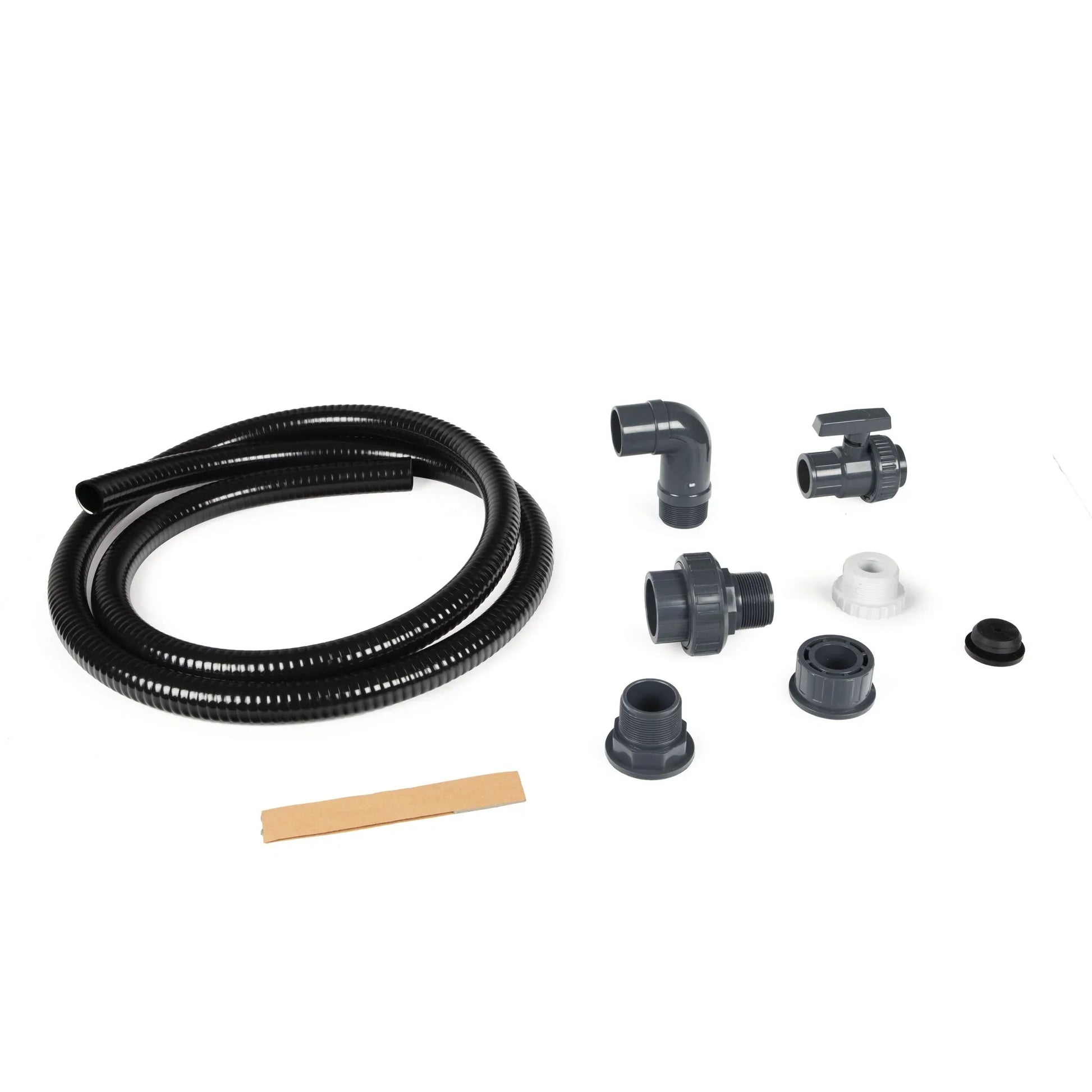 Atlantic Water Gardens fountain basin plumbing kit for decorative features, shown with pipes and fittings in a clean, organized layout.