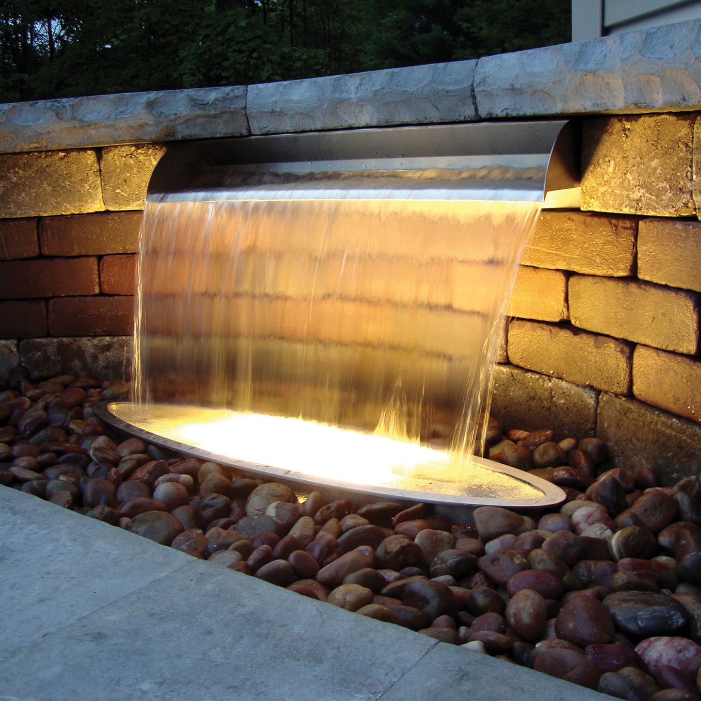 Atlantic 36-inch stainless steel spillway for water features, made of durable 316 steel with sleek, modern design.