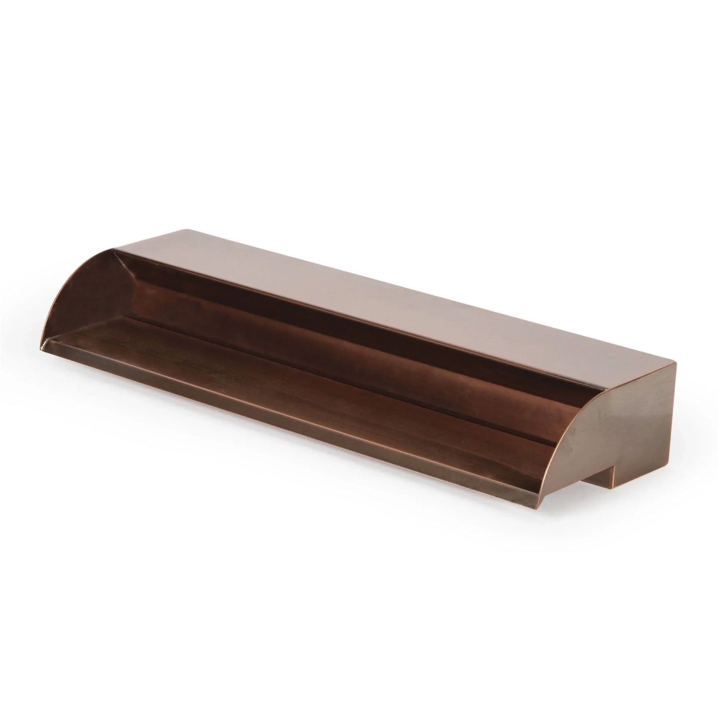 Atlantic Water Gardens 24-inch copper finish spillway scupper for water features, with a sleek, weathered copper appearance.